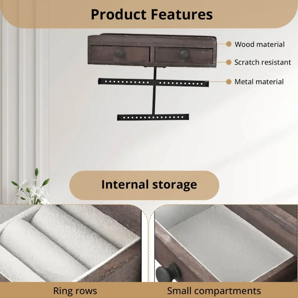 2 Drawers Bracelets & Necklaces Jewelry Wall Display - NWOB - Dark brown